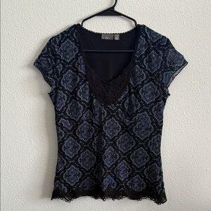 Y2K Sheer Mesh Lace Trim Top Blue Printed Fairy Grunge / Boho Blouse Medium